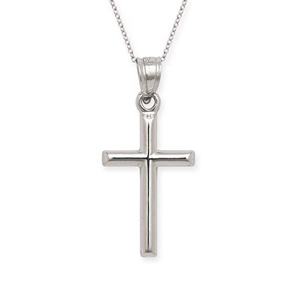 Curata 14k White Gold 18" Small Polished Latin Cross Pendant Necklace - 12x25mm