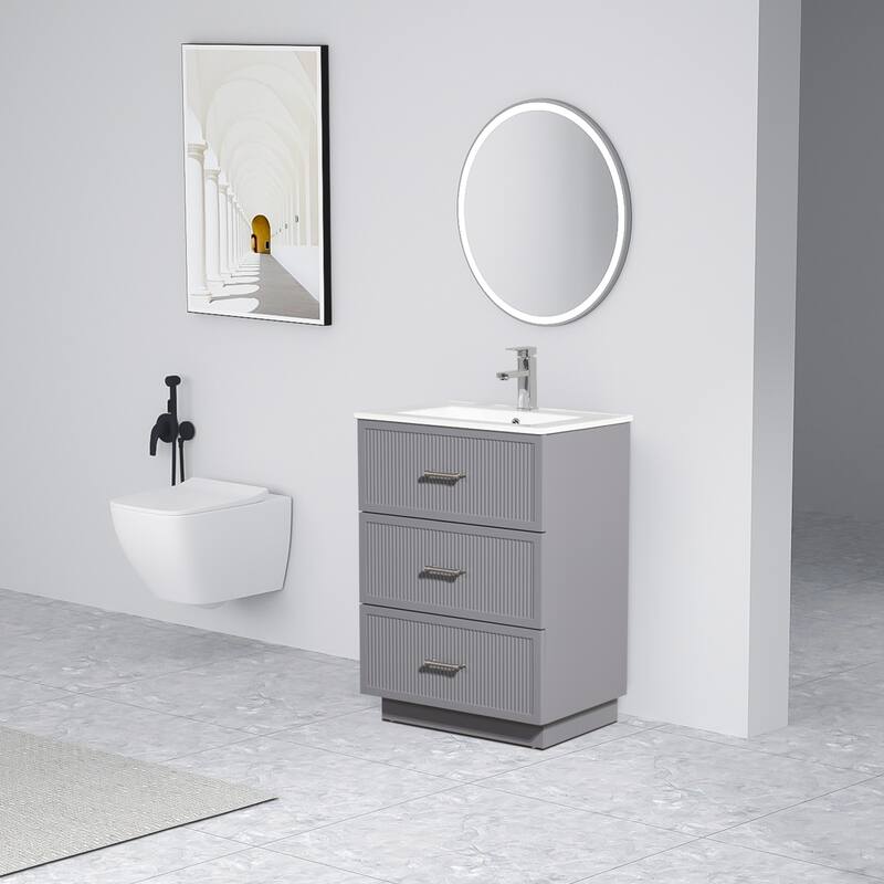 30" Freestanding Bathroom Vanity with Ceramic Sink and 2 Storage Drawers, Stylish Gray Floor Cabinet