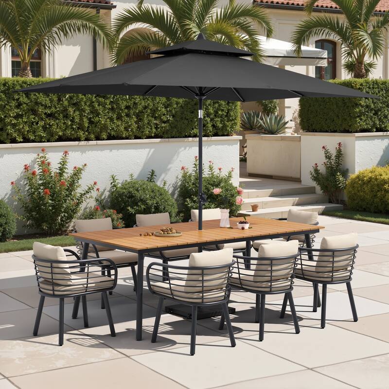11-Piece Outdoor Patio Dining Set with Sunbrella Cushion Aluminum Dining Table and Chairs w/10 ft Umbrella and Base with Wheels - Brown Table with Black Umbrella