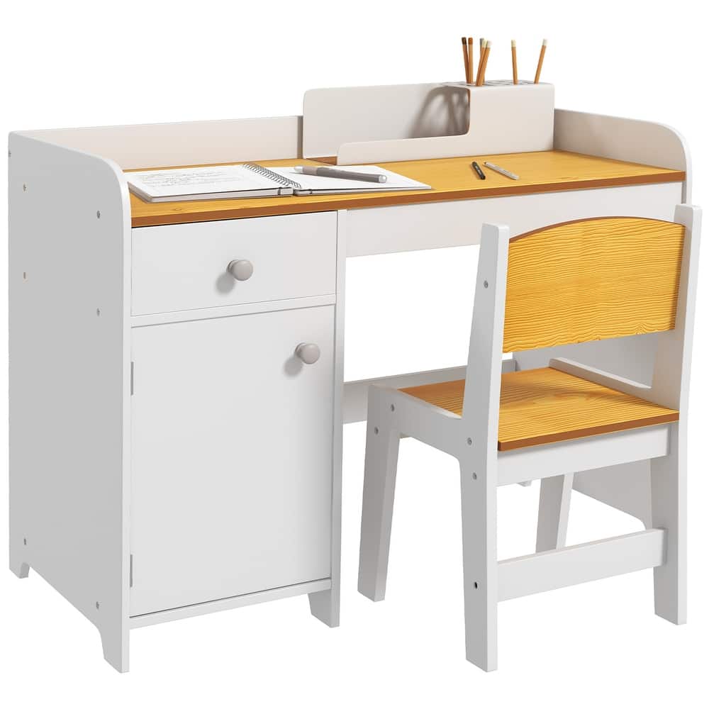 Qaba Kids Desk and Chair Set with Storage Drawer, Study Desk with Chair for Children for Arts & Crafts, White