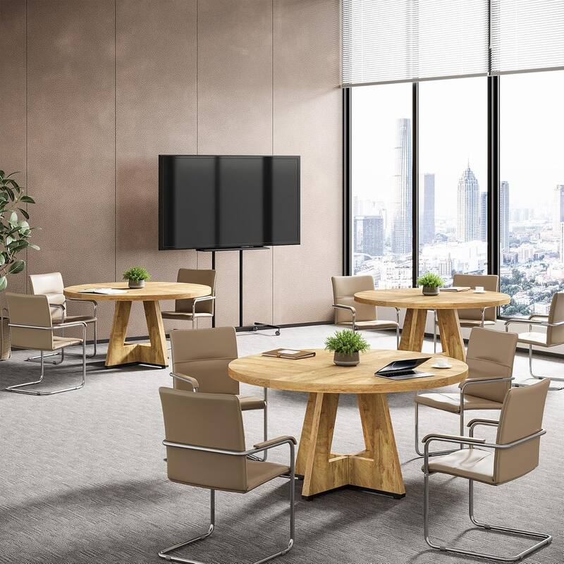 47" Round Conference Table Meeting Room Table with Thickened Top Wood Base Modern Training Desk for Conference/Seminar Room