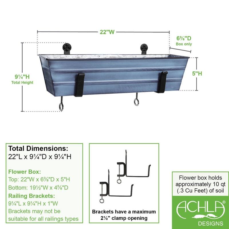 Achla Designs 22" W Rectangle Galvanized Steel Flower Box w/ Black Wrought Iron Clamp-On Brackets, Planter