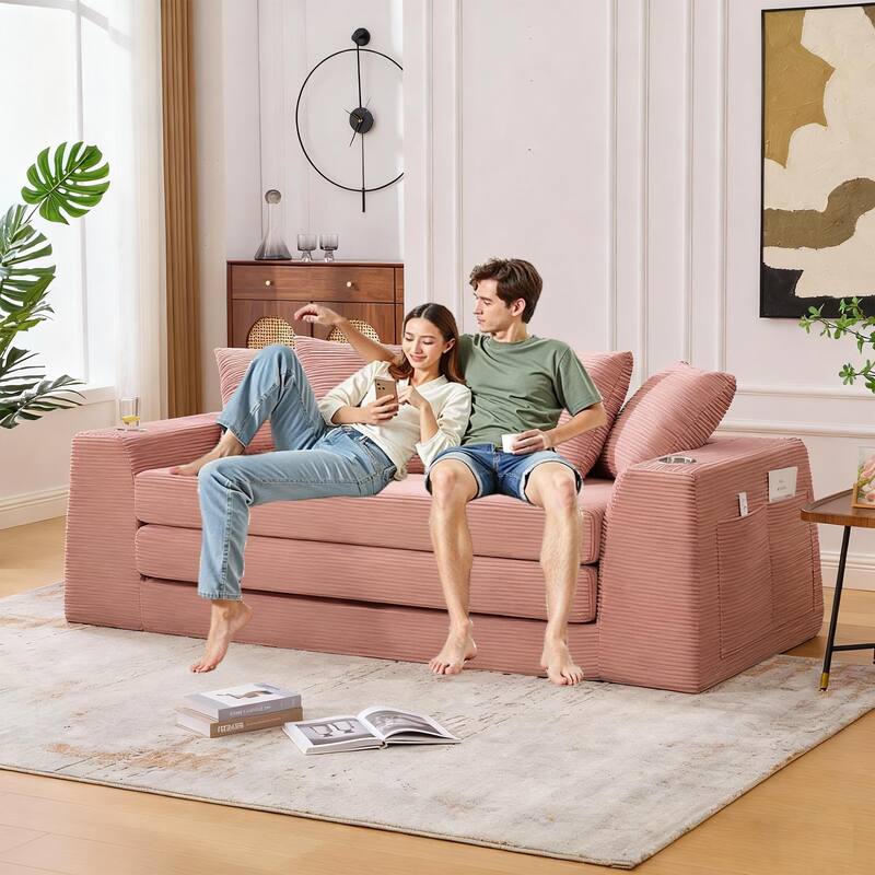 2 in 1 Convertible Sofa Bed, Sleeper Sofa with Storage Pockets, Pull Out Loveseat Couch with Two Cup Holders