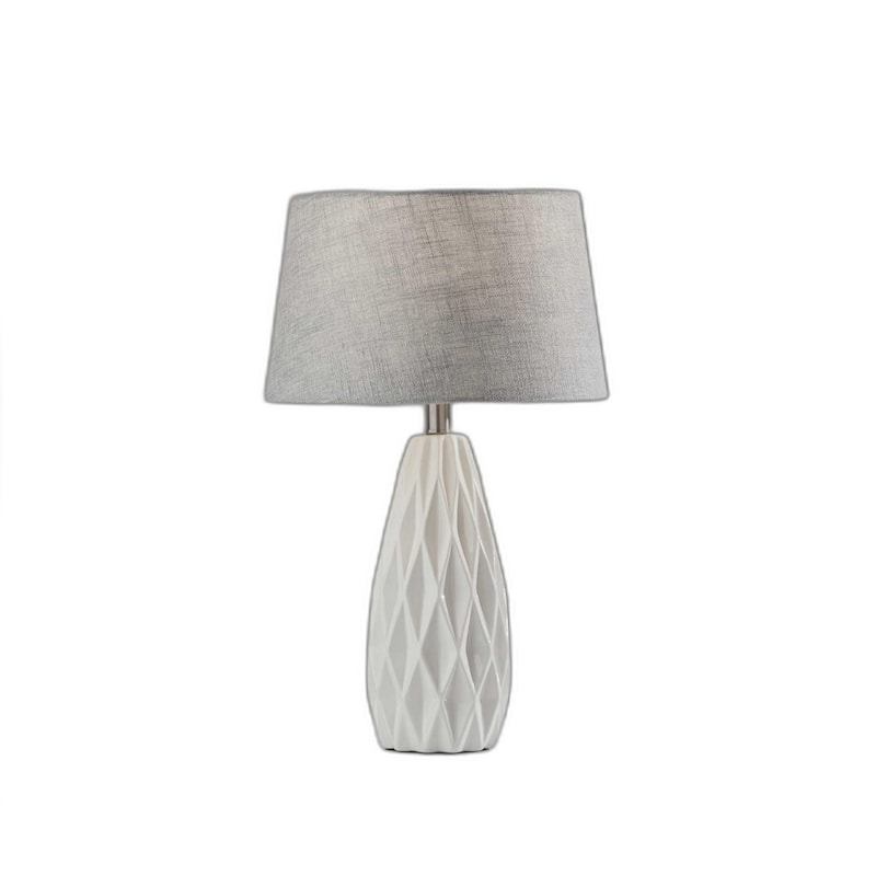 White Ceramic Base Bedside Table Lamps Set of 2 with Grey Fabric Drum Shades Rotary Switch - 13.75” x 13.75” x 22.5” (D x W x H) - White-Grey