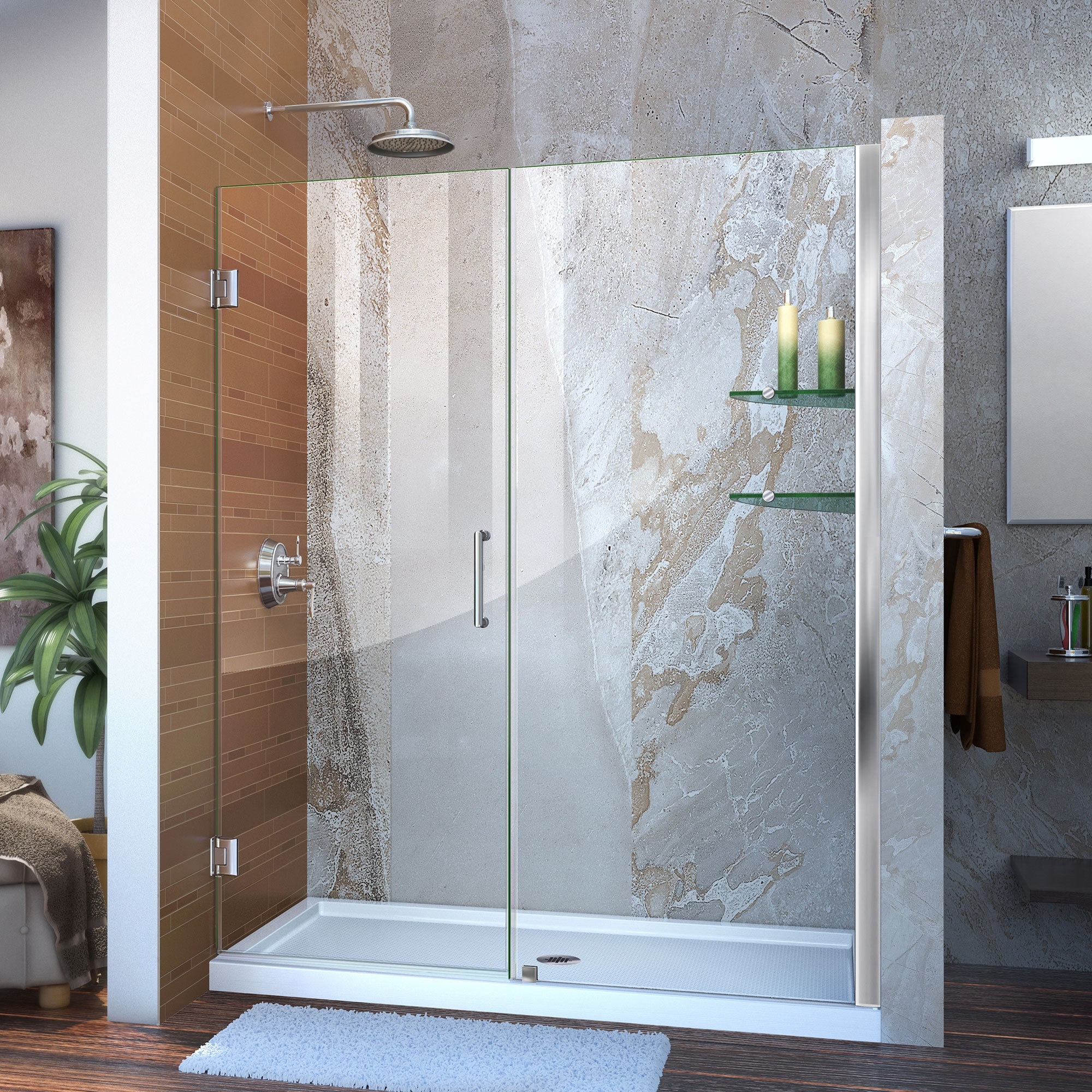 DreamLine Unidoor 57-58 in. W x 72 in. H Frameless Hinged Shower Door with Shelves - Chrome Finish - 57" - 58" W