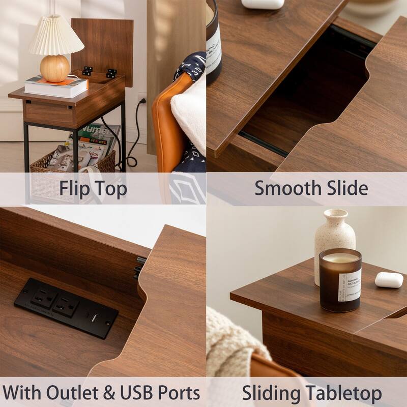 Flip Top Narrow End Table with Storage and Built-In Outlets, Small Side Table