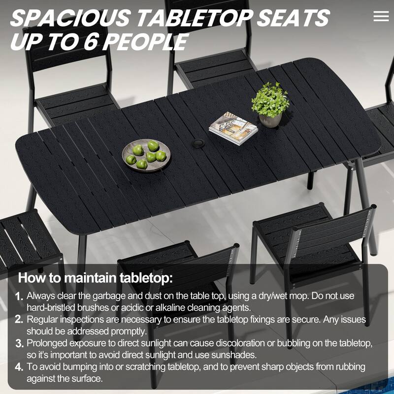 7-Piece Patio Outdoor Dining Set Aluminum Rectangle Table with Umbrella Hole and Stacking Chairs