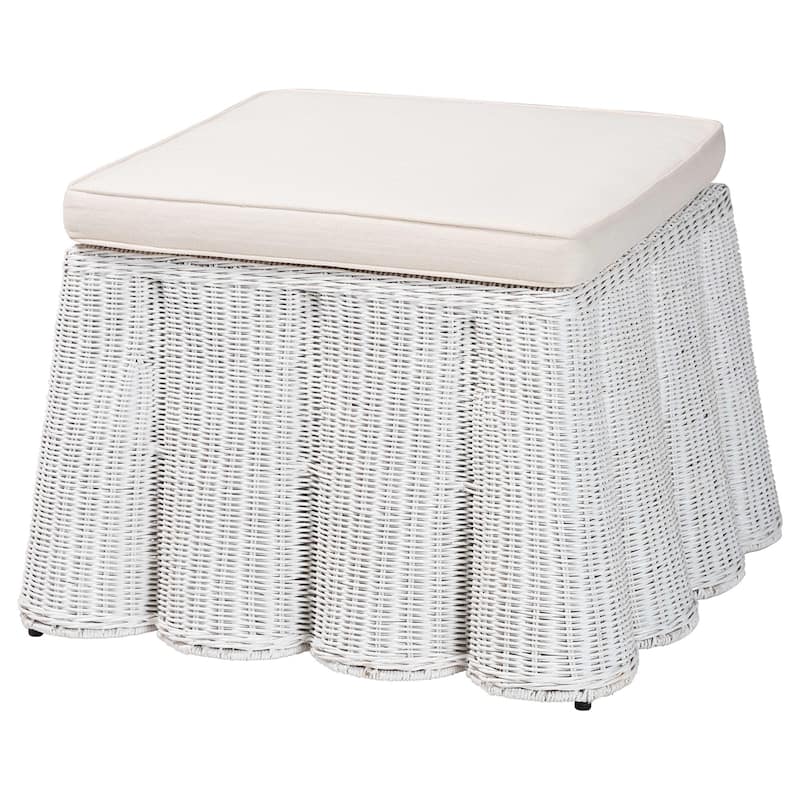 Palm Scallop Natural Rattan Ottoman with Cushion – Handwoven Wicker Accent Bench or Footrest for Living Room or Sunroom, Square