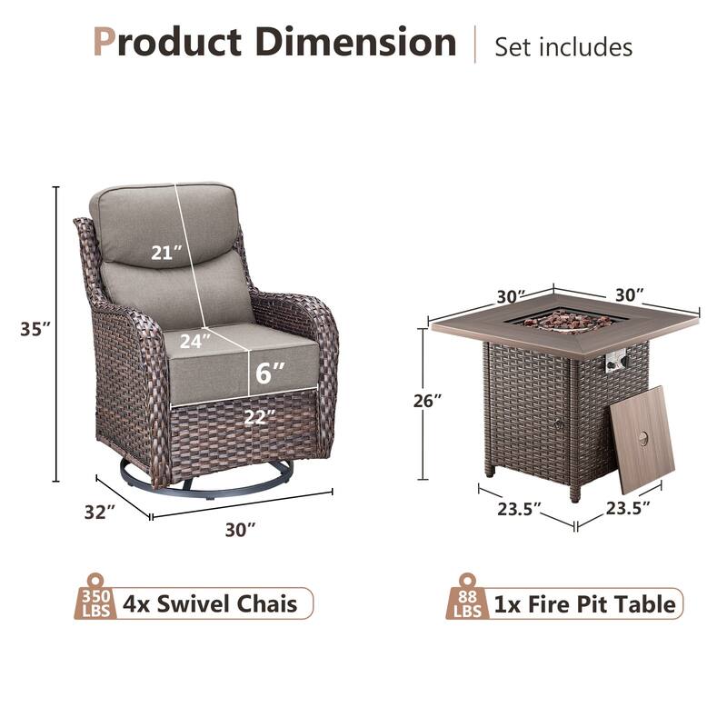 Pocassy 5 Pieces Outdoor 6" Swivel Chairs with Fire Pit Table