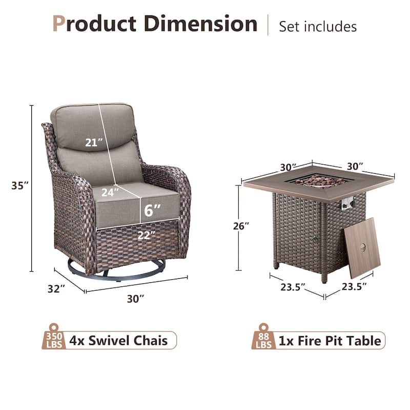Pocassy Outdoor 6" Swivel Chairs with Fire Pit Table