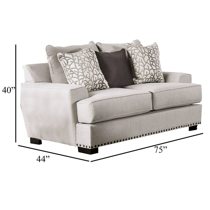Coty Loveseat, 75 Inch, Light Gray, 3 Throw Pillows, T Shaped Cushion