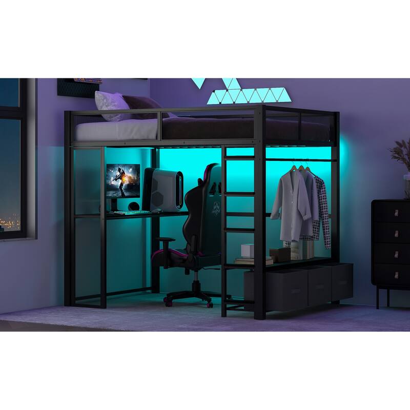 Full Size Black Metal Gaming Loft Bed with LED Lights, Built-in Desk, Wardrobe & 3 Storage Drawers