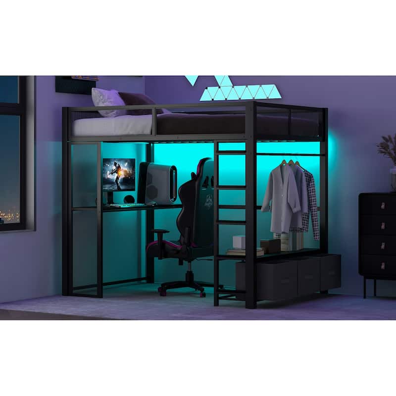 Full Size Metal Gaming Loft Bed with 16-Color LED, Study Desk & 3 Storage Drawers (400lb Capacity)