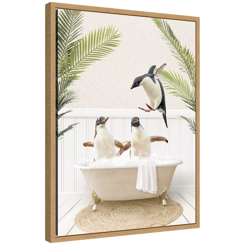 Kate and Laurel Sylvie Penguins in Palms Bath Framed Canvas by Amy Peterson - 18x24