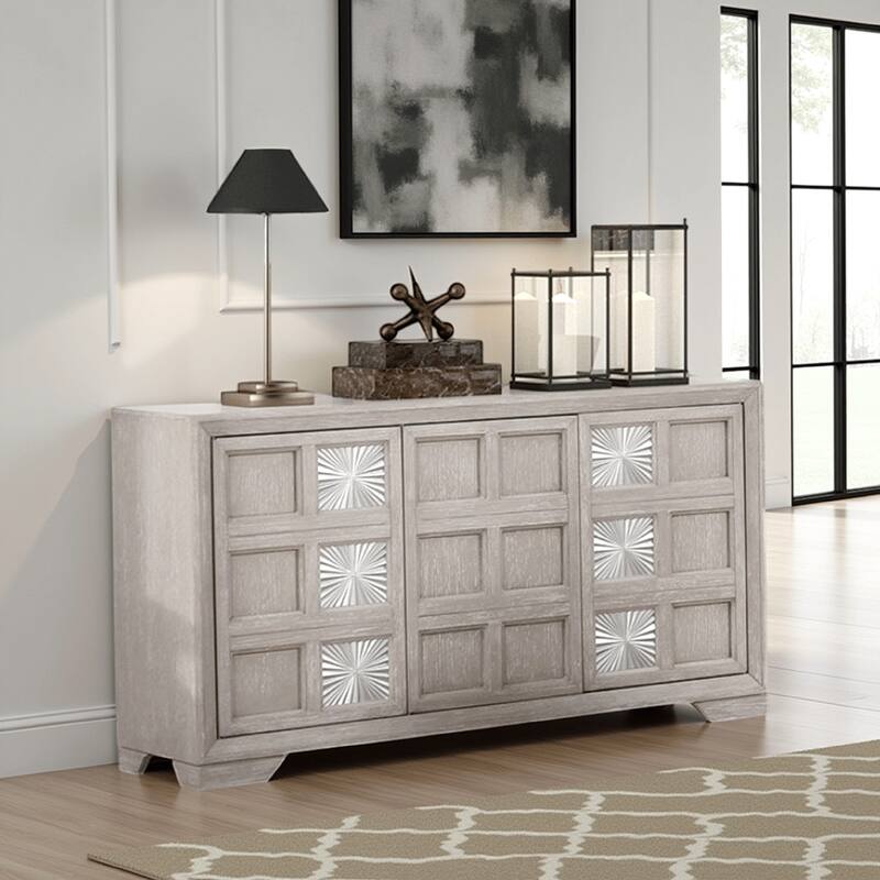 Diaz Sideboard Buffet Console, 3 Doors, Sunburst Pattern, Light Gray
