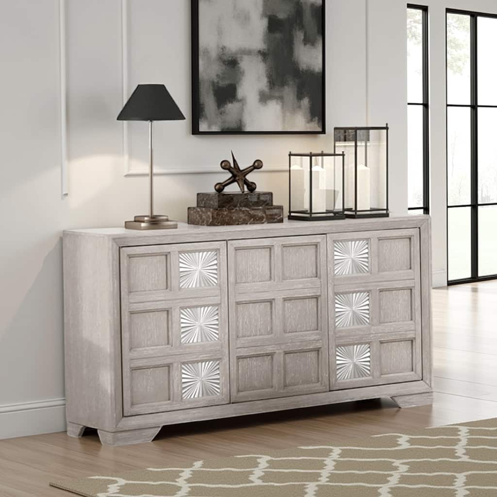 Diaz Sideboard Buffet Console, 3 Doors, Sunburst Pattern, Light Gray