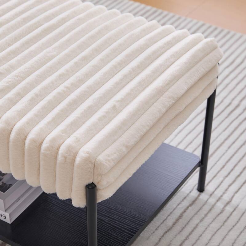 ​Upholstered Storage Ottoman - Open Shelf & Faux Fur Top
