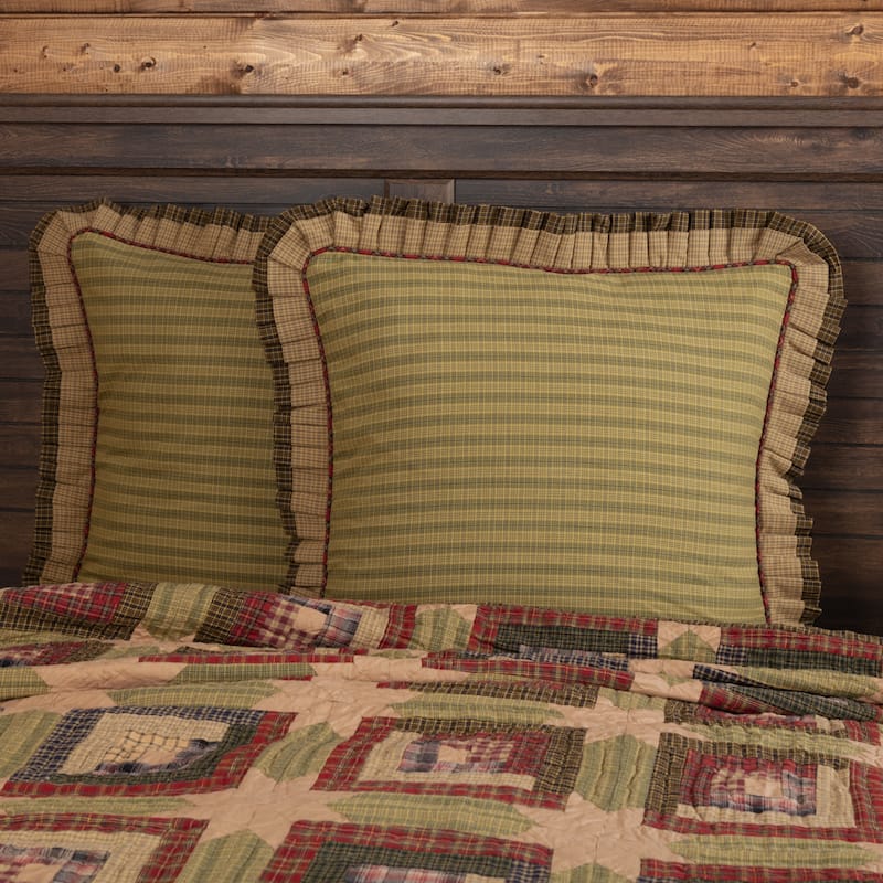 Tea Cabin Euro Sham Fabric Ruffled 26x26 - Euro Sham 26x26 - Moss Green/Dark Khaki/Deep Red