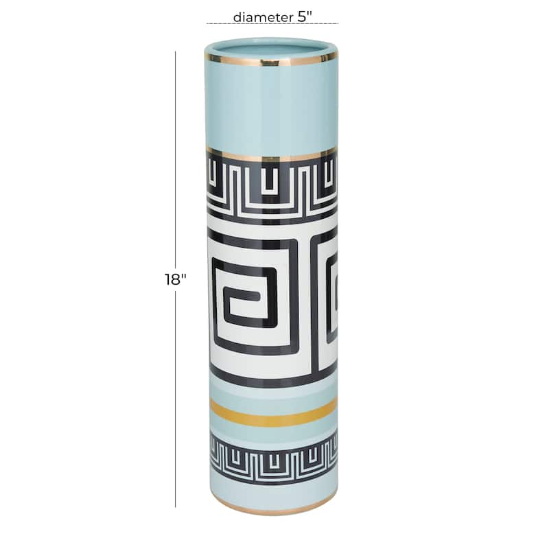 Teal Ceramic Vase Adorned with Greek Knot Pattern