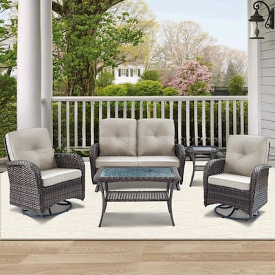 2 Seater Wicker Glider Sofa with Swivel Chair - Brown
