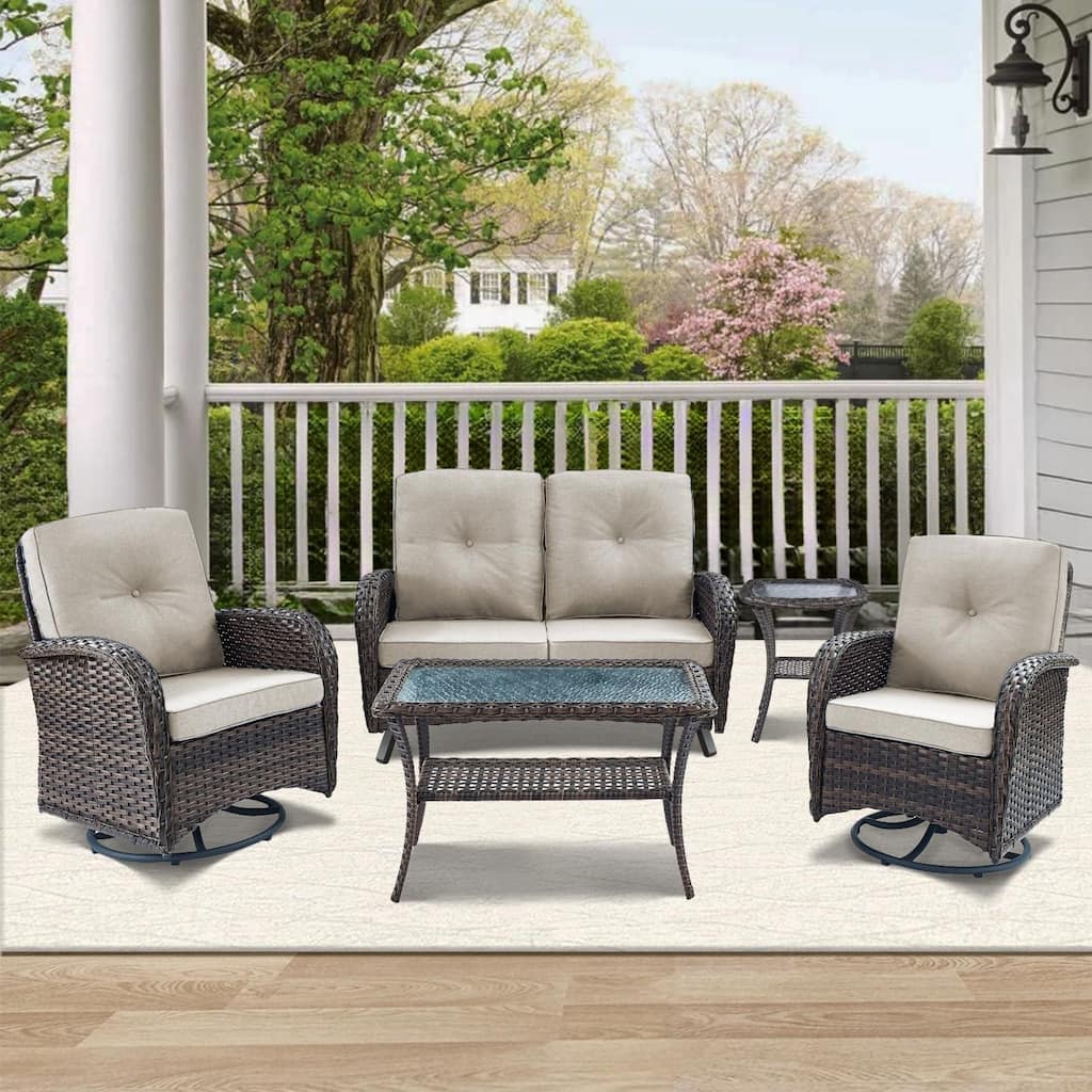 2 Seater Wicker Glider Sofa with Swivel Chair - Brown