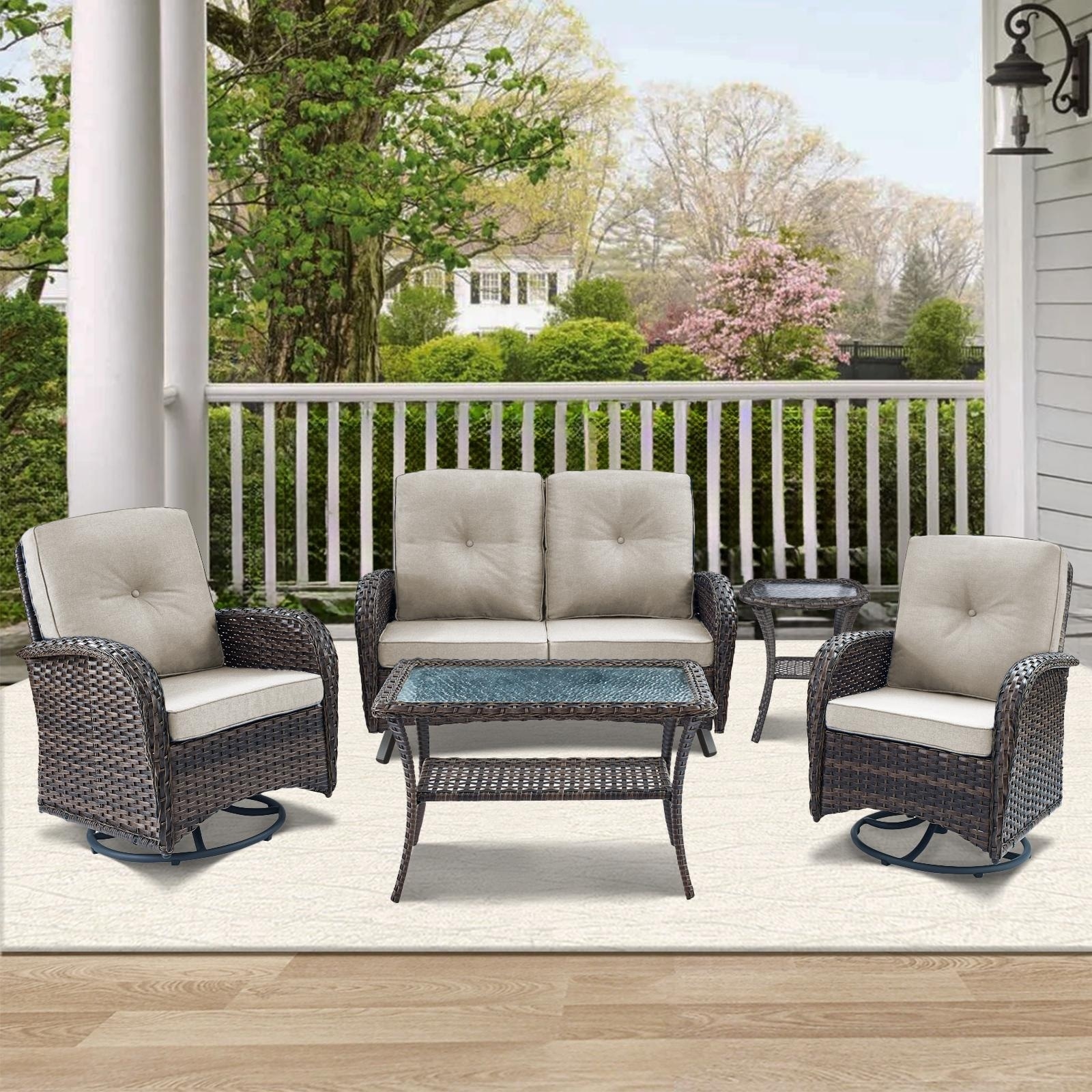 2 Seater Wicker Glider Sofa with Swivel Chair - Brown