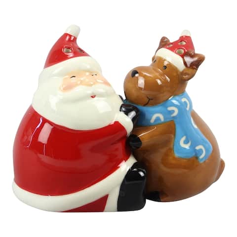 Santa Hugging Reindeer Salt and Pepper Shaker Set - Red,Brown