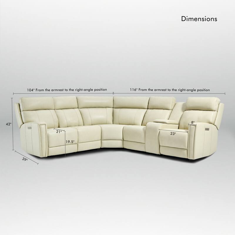 116" W L-Shaped Genuine Leather Power Reclining Sectional Sofa with Console, Ajustable Headrest, USB PortS, 1 Power Armlesschair