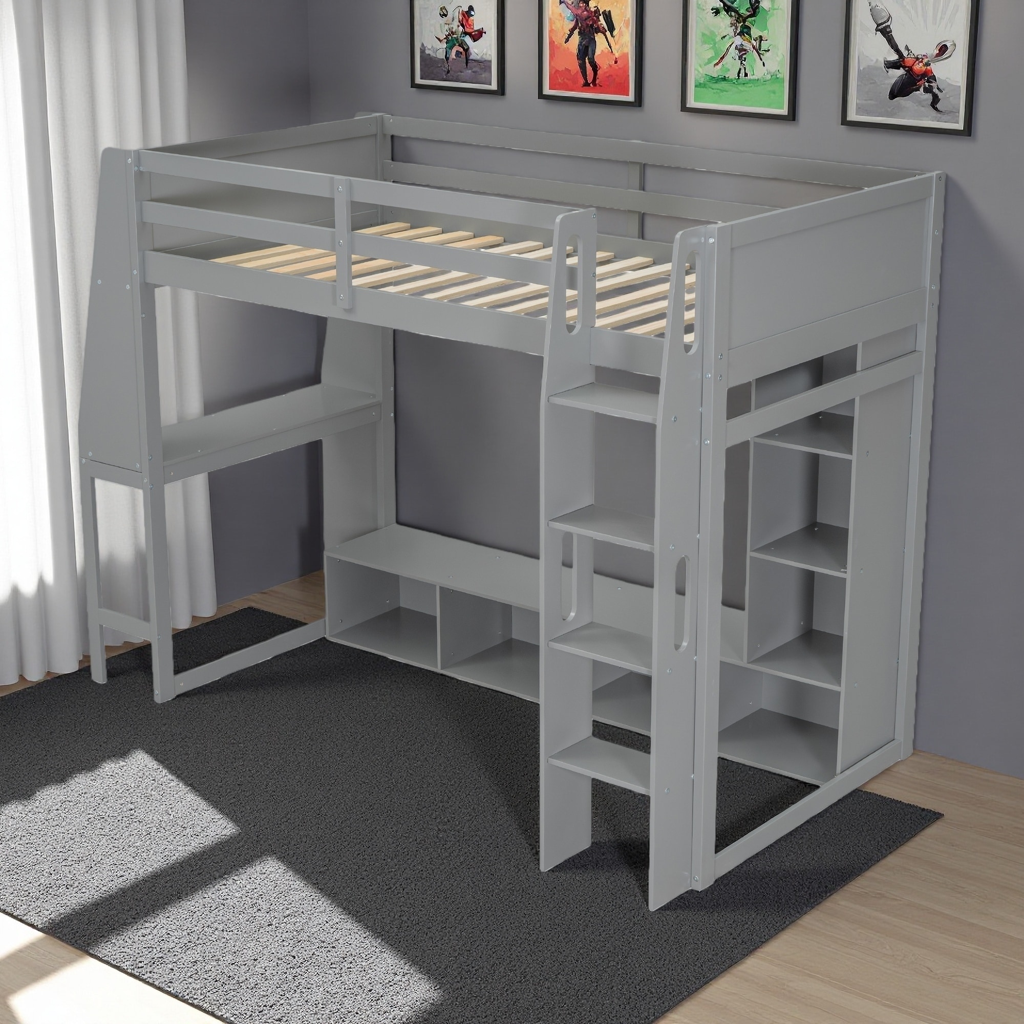 Twin Size Pinewood Gaming Loft Bed with Desk, LED Lighting, Storage Shelves and Hanging Clothes Rack