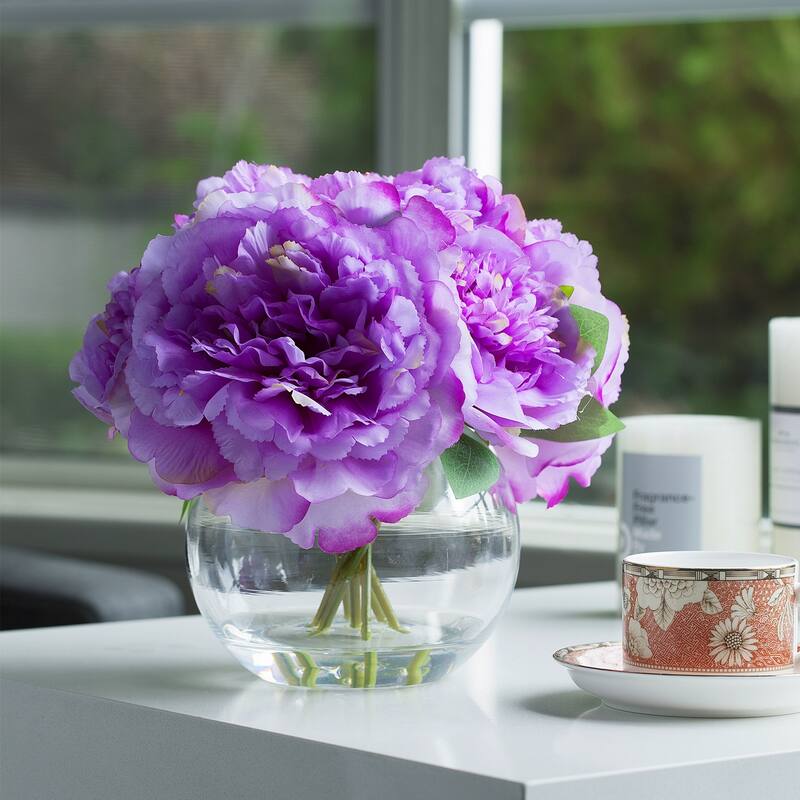 Enova Home Artificial Silk Peony Fake Flowers Arrangement in Round Glass Vase with Faux Water - 10"H x 10"W - Purple