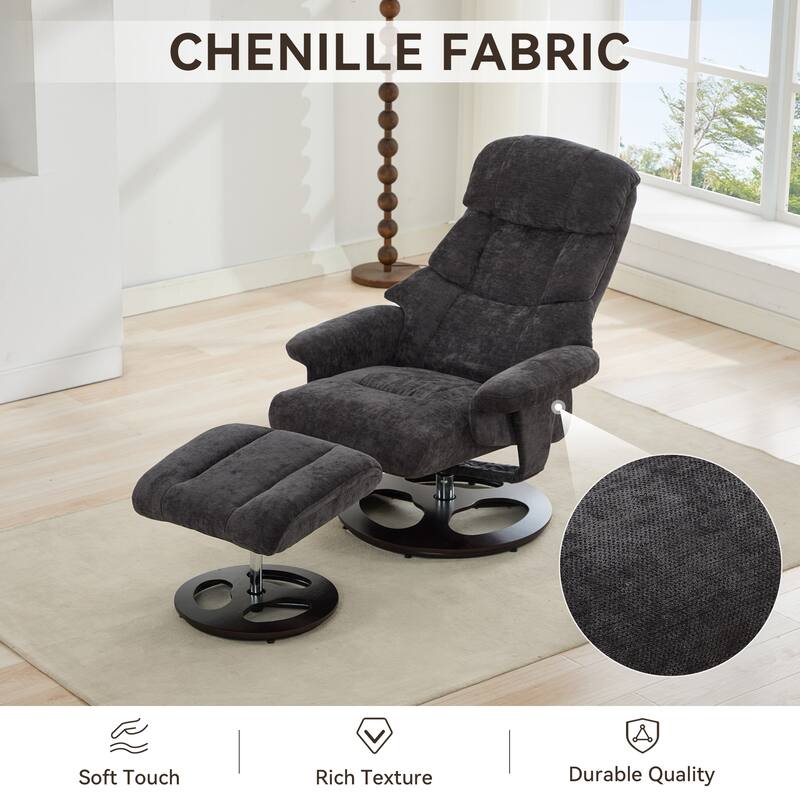 Recliner Chair with Ottoman, Modern 360° Swivel Lounge Chair with Footstool, Chenille Fabric, 5 Point Vibration Massage
