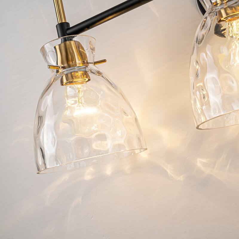 1-Light/3-Light Matte Black and Antique Brass Bathroom Vanity Light with Water-Rippled Glass Shade