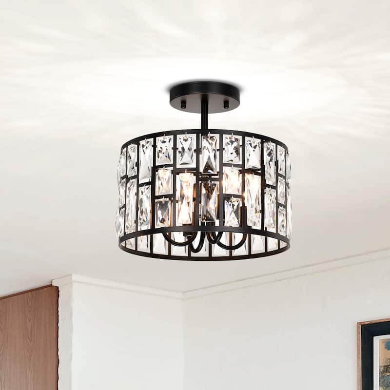 Justina 4-light Black Crystal Glass Prism Round Drum Shade Flush Mount - 14.1 inches in diameter x 13 inches H