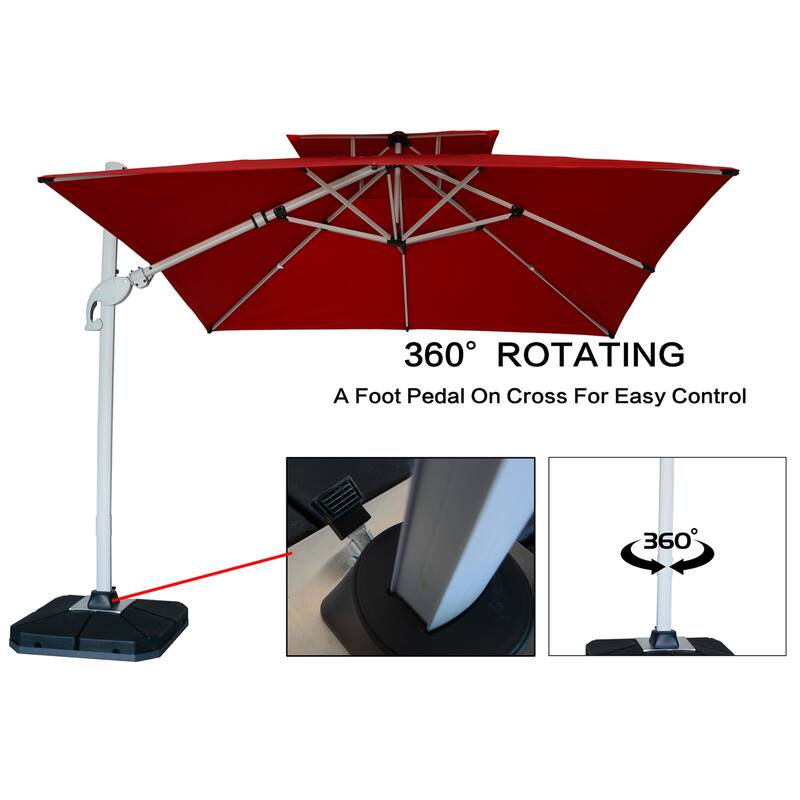 9 x 11 FT Outdoor Dual Top Solar Powered LED Aluminum Patio Cantilever Umbrella and Weighted Base