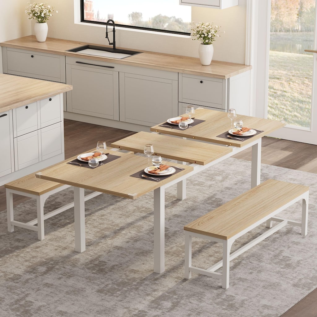 63" Large Extendable Dining Room Table Setwith Benches, Metal Frame & MDF Board