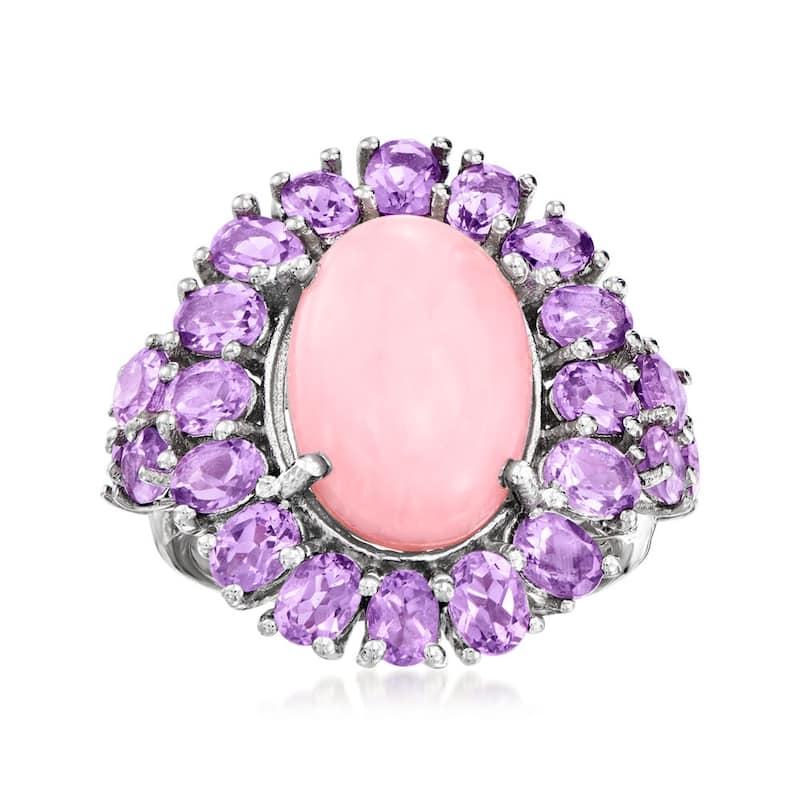 925 Sterling Silver Pink Opal, Brazilian Amethyst Ring
