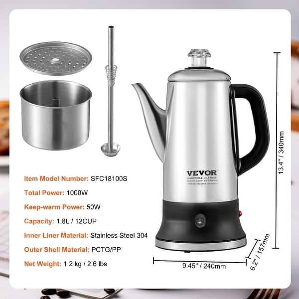 Kffkff 12-Cup Electric Percolator Coffee Pot Stainless Steel Coffee Maker Silver