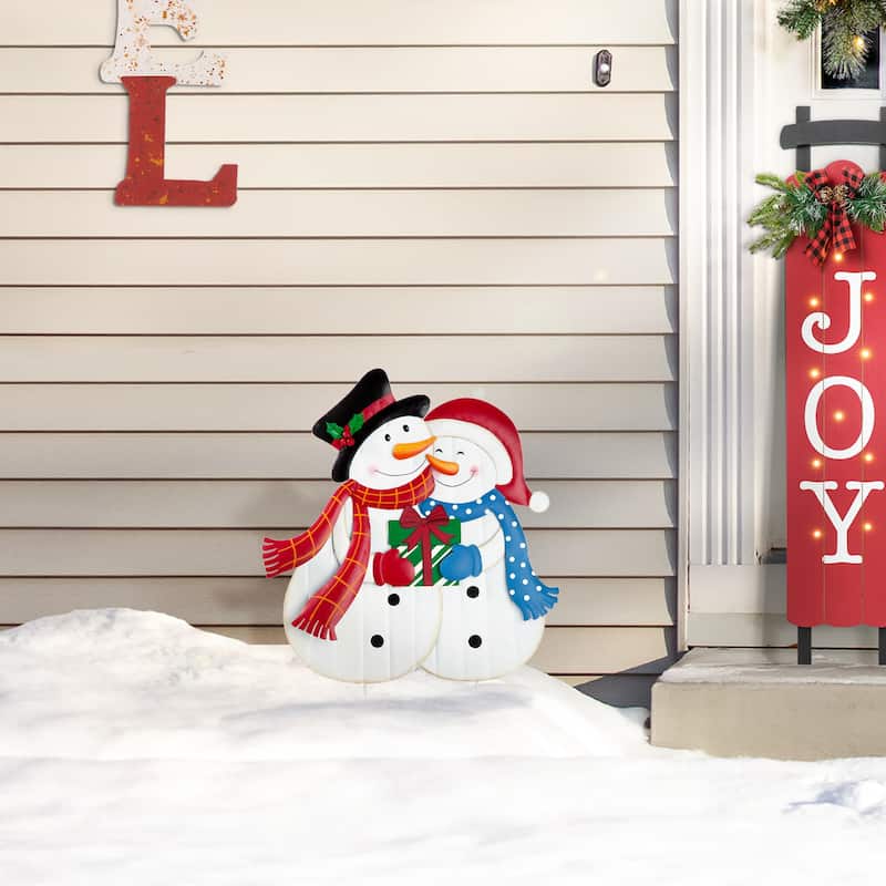 Glitzhome Christmas Metal JOY & NOEL Ornament Snowman Yard Stakes Hanging Decor - 42"H