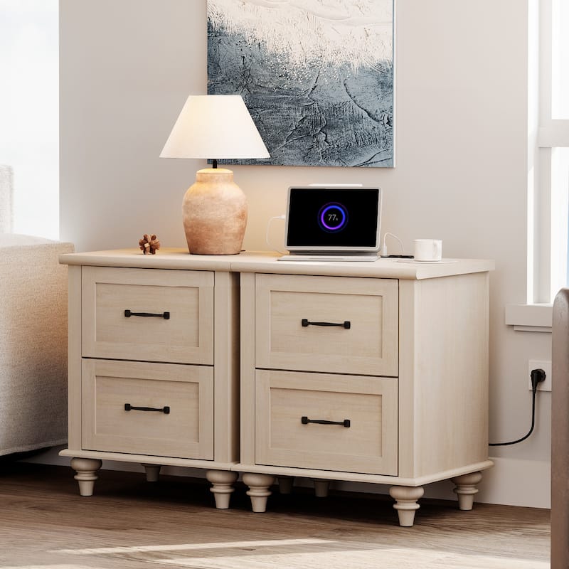 Mid Century End Table Nightstands with Charging Station & Drawer