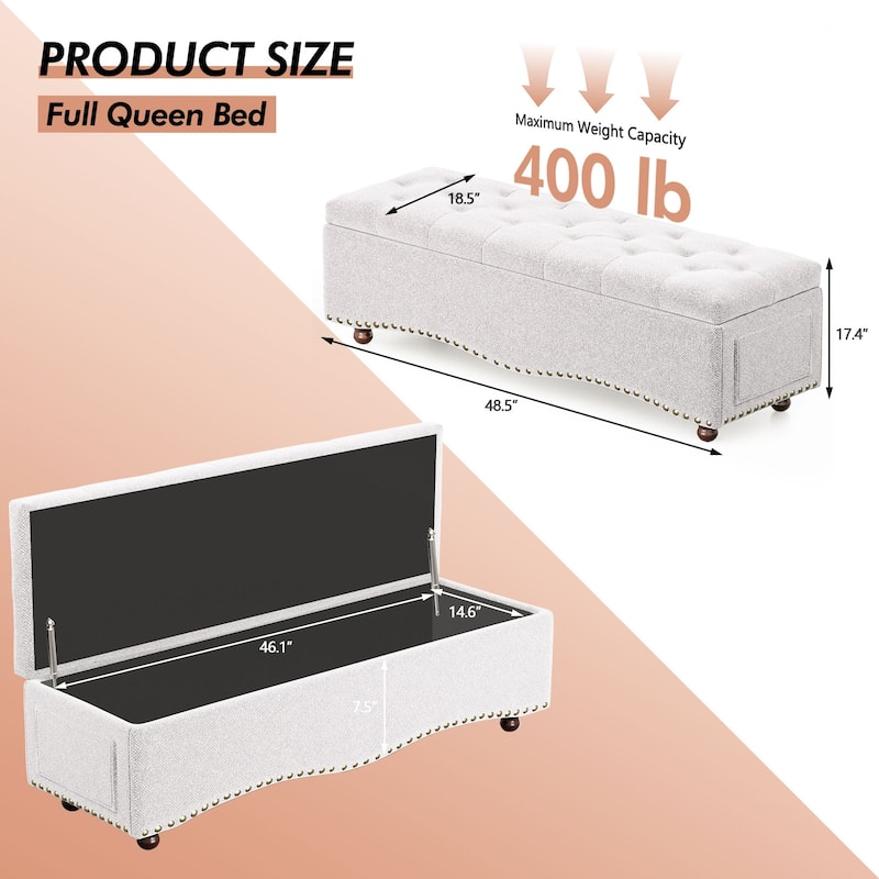 48.5" Tufted Storage Ottoman Bench with Nailhead Trims & 2 Large Side Pockets for Bedroom, Living Room, Entryway