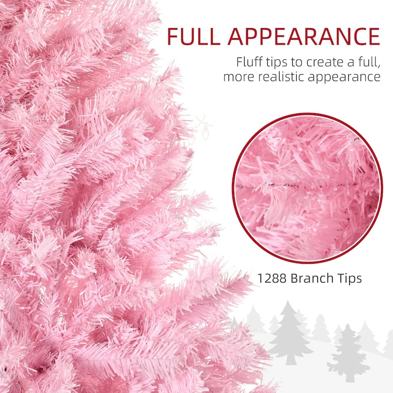 HOMCOM 7ft Tall Artificial Christmas Tree Holiday Décor with 1288 Branches, Auto Open, Steel Base, Wide Shape, Pink - 6.89 ft