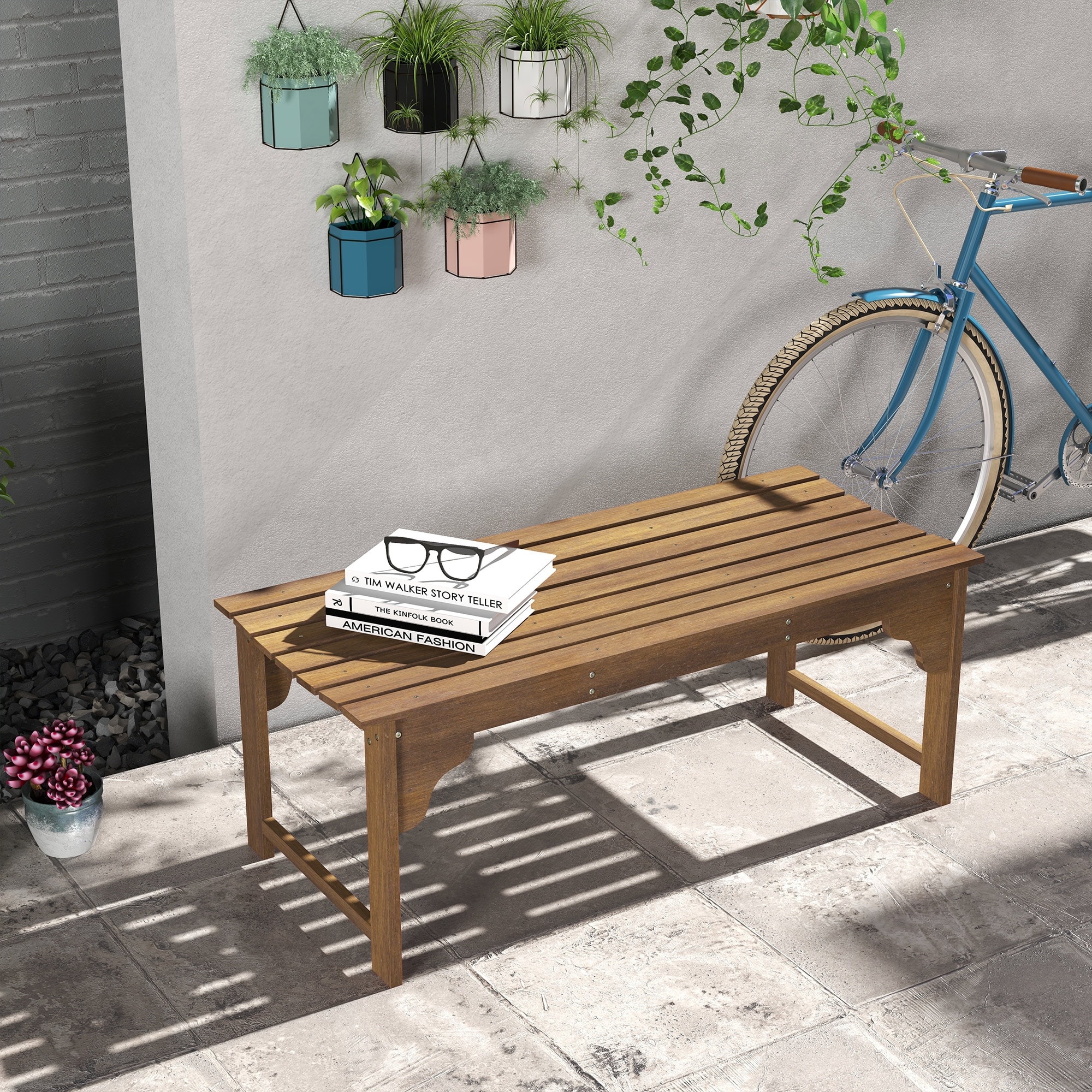 Outsunny Wooden Garden Bench, Outdoor Park Bench with Slatted Seat, Backless Front Porch Bench with Curved Seat