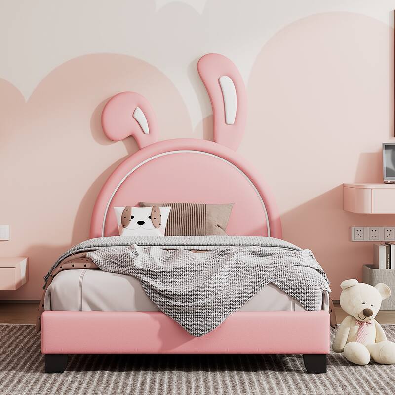 Adorable Twin/Full Upholstered Platform Bed with Rabbit Design, PU Leather, Sturdy Wood Frame, No Box Spring Needed