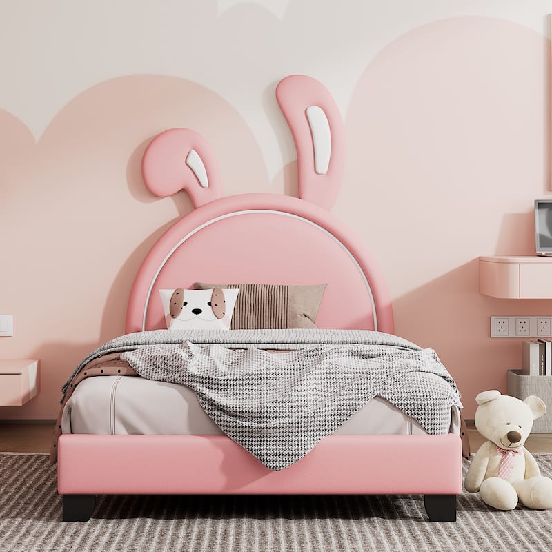 Twin Size Rabbit Ornament Upholstered Platform Bed with PU Leather
