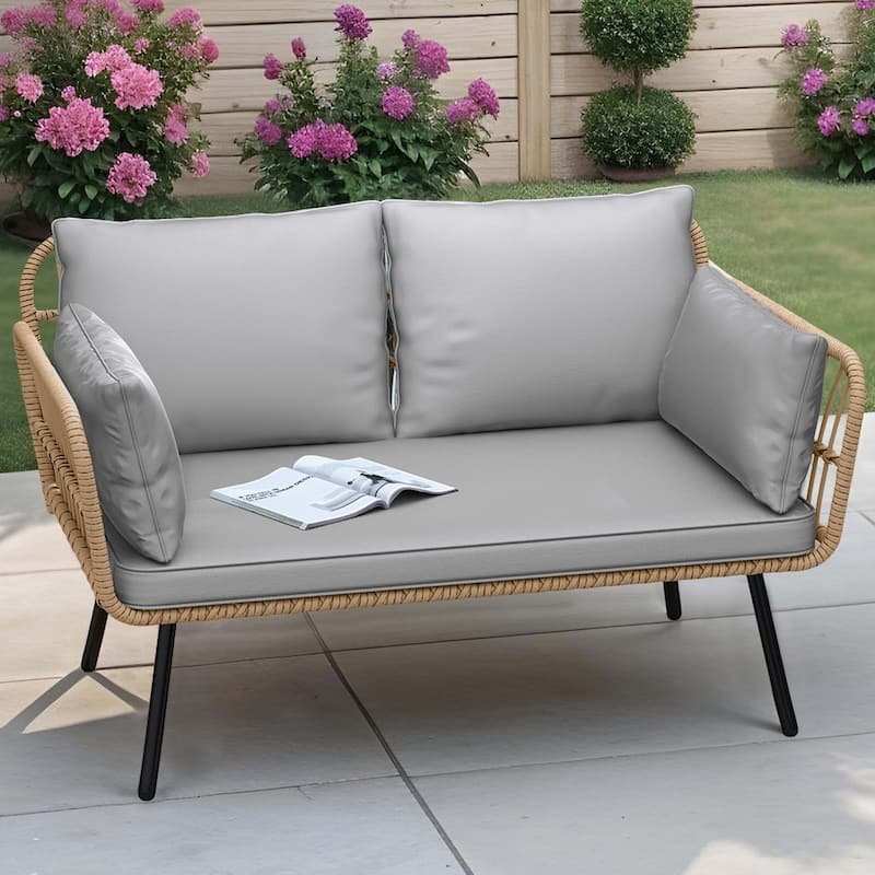 Moasis Outdoor Patio All-Weather Wicker Loveseat/Bistro Set/Sectional Sofa with Cushions and Lumbar Pillows - Loveseat - Grey