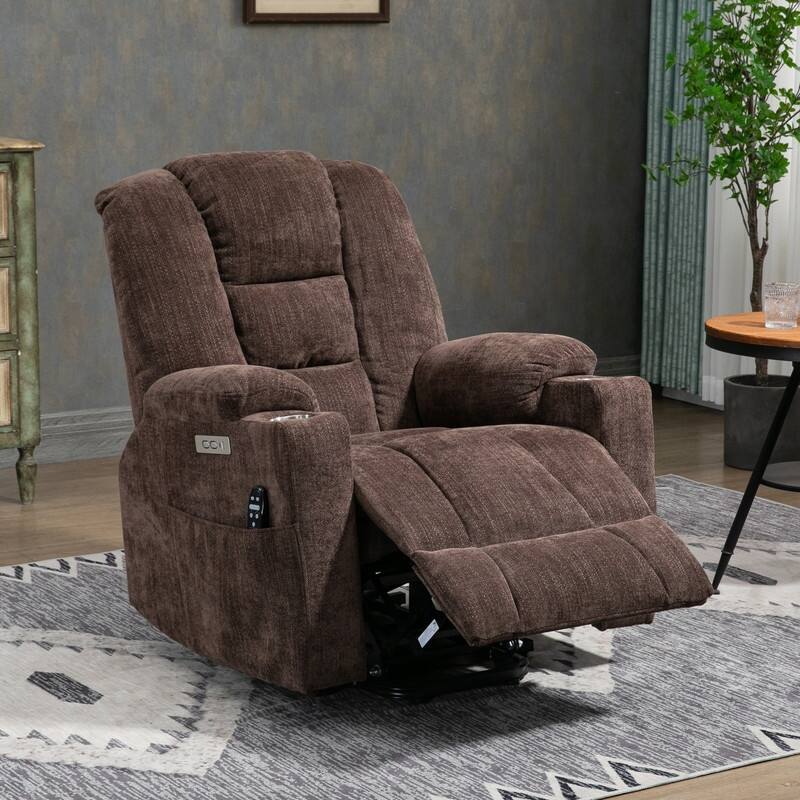 Overstuffed Large Power Lift Recliner with Massage and Heating for Elderly,2 Cup Holders and USB Ports