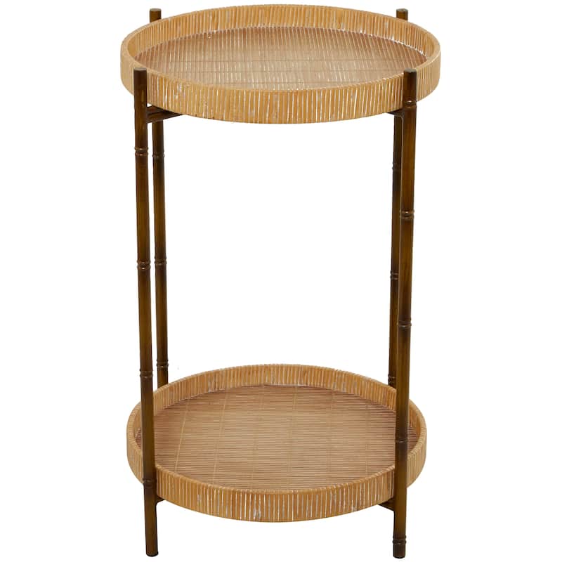 Rattan 2 Tray Shelves Accent Table with Metal Bamboo Inspired Legs - Brown - Roche River Decor - 18"W x 18"L x 26"H