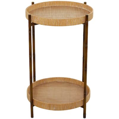 Rattan 2 Tray Shelves Accent Table with Metal Bamboo Inspired Legs - Brown - Roche River Decor - 18"W x 18"L x 26"H