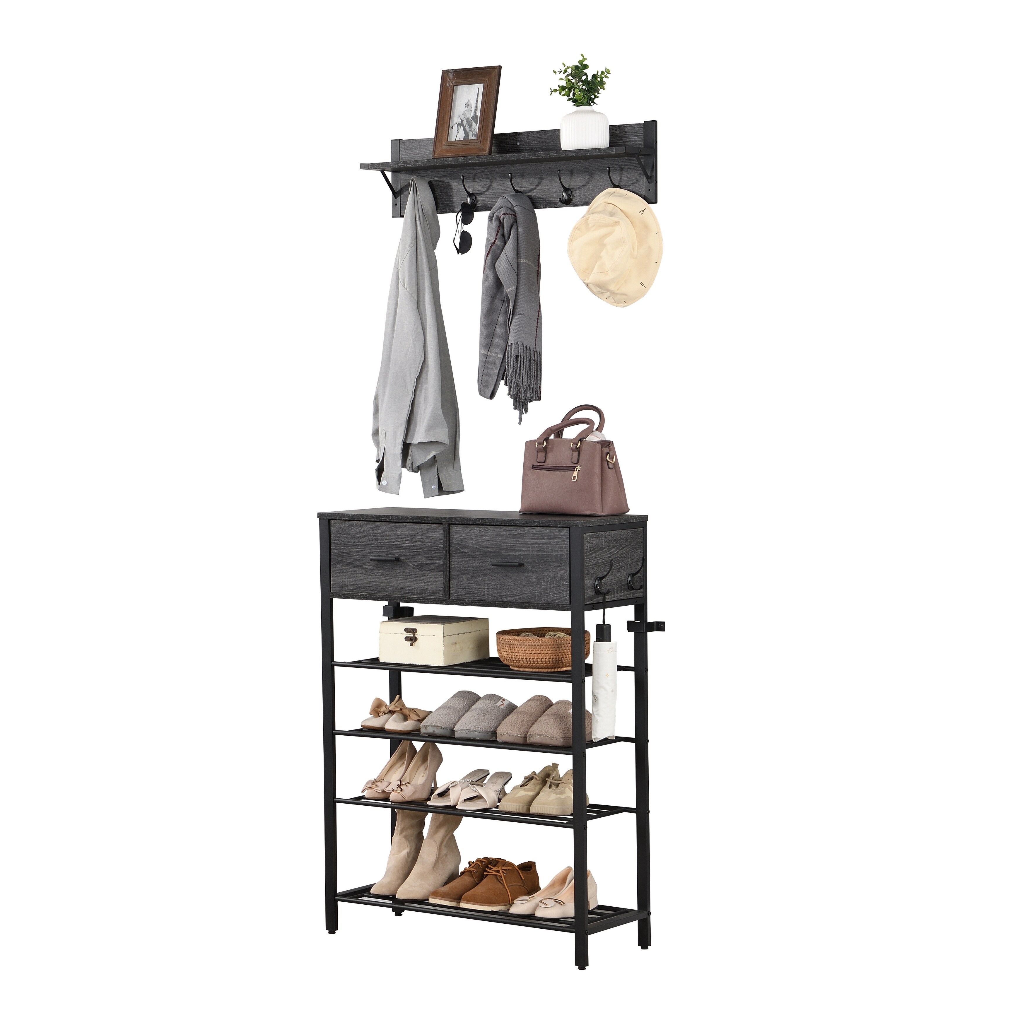 4-tier Shoe Rack Shelf with Two Drawers and Coat Rack, Sesslife Storage Shoe  Rack with Storage and Hooks, Shoe Organizer for Entryway Living Room  Hallway, Black Iron Frame, Wood Color 