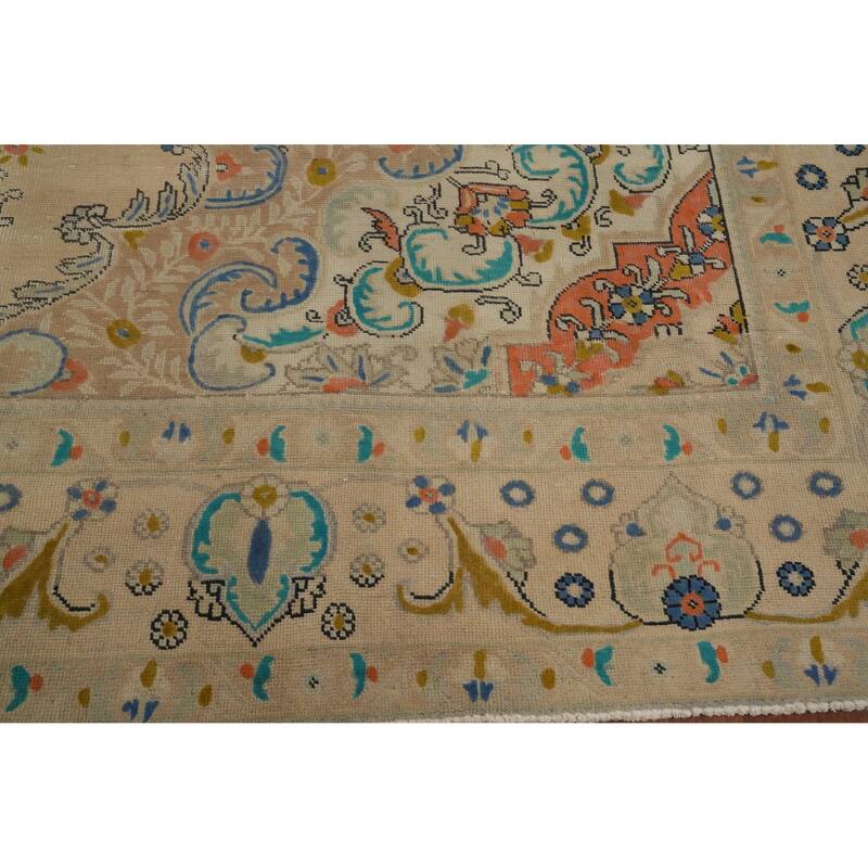 Hand Knotted Oriental 100% Wool Carpet Traditional Floral Beige & Ivories Tabriz Area Rug - 12' 3'' X 9' 10''